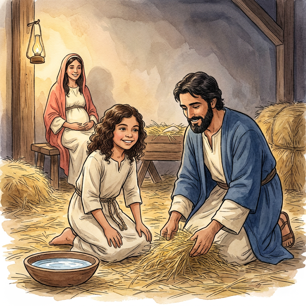 A child illustrated into the Christmas story