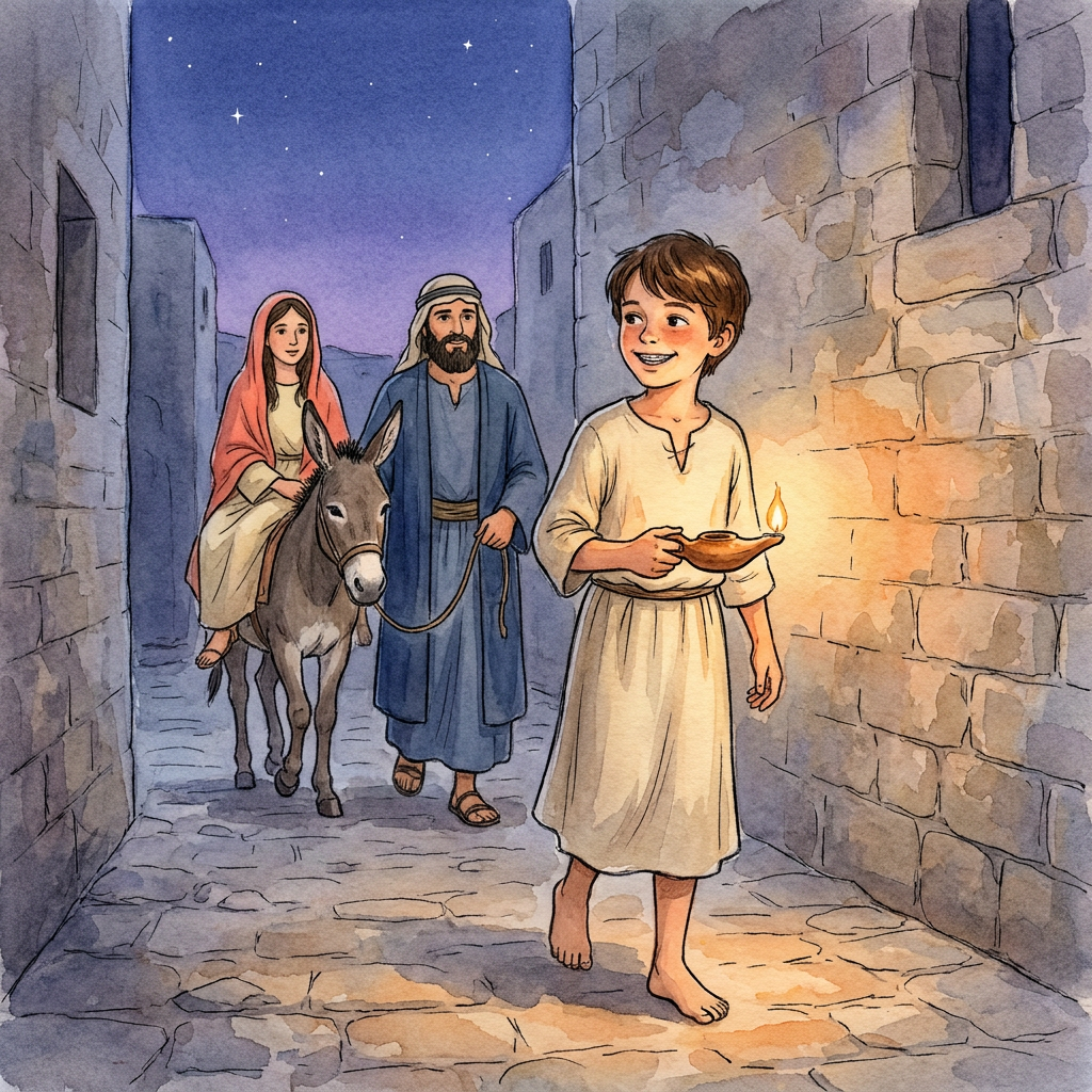 A child illustrated into the Christmas story