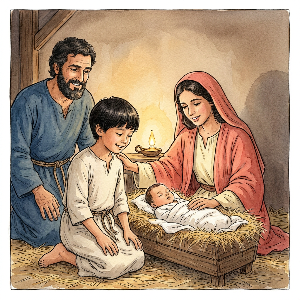 A child illustrated into the Christmas story